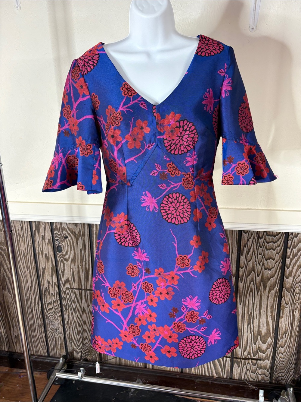 Trina Turk Royal Blue Mini Dress with Fuchsia and Red Floral Print